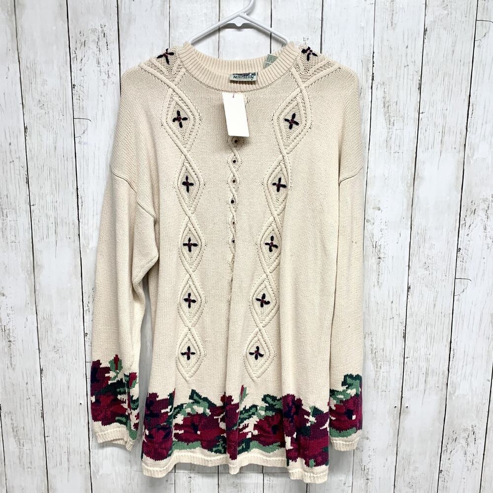 Vintage Northern Reflections Sweater Women Large Floral Print Cable Knit Cotton
